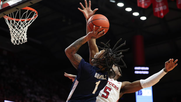 Penn State's Ace Baldwin Jr. drives to the basket against Rutgers in a Big Ten men's basketball game.